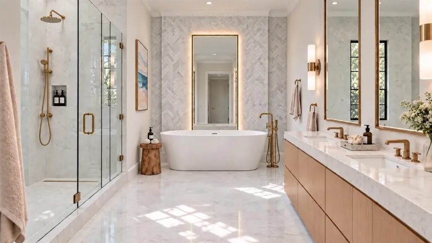 Primary bathroom. Virtually staged.