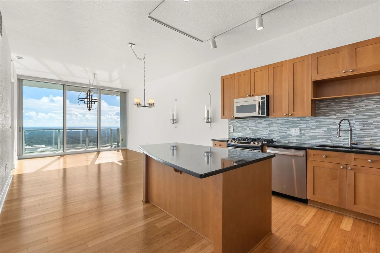 Kitchen opens to living room and balcony overlooking Lake Eola
