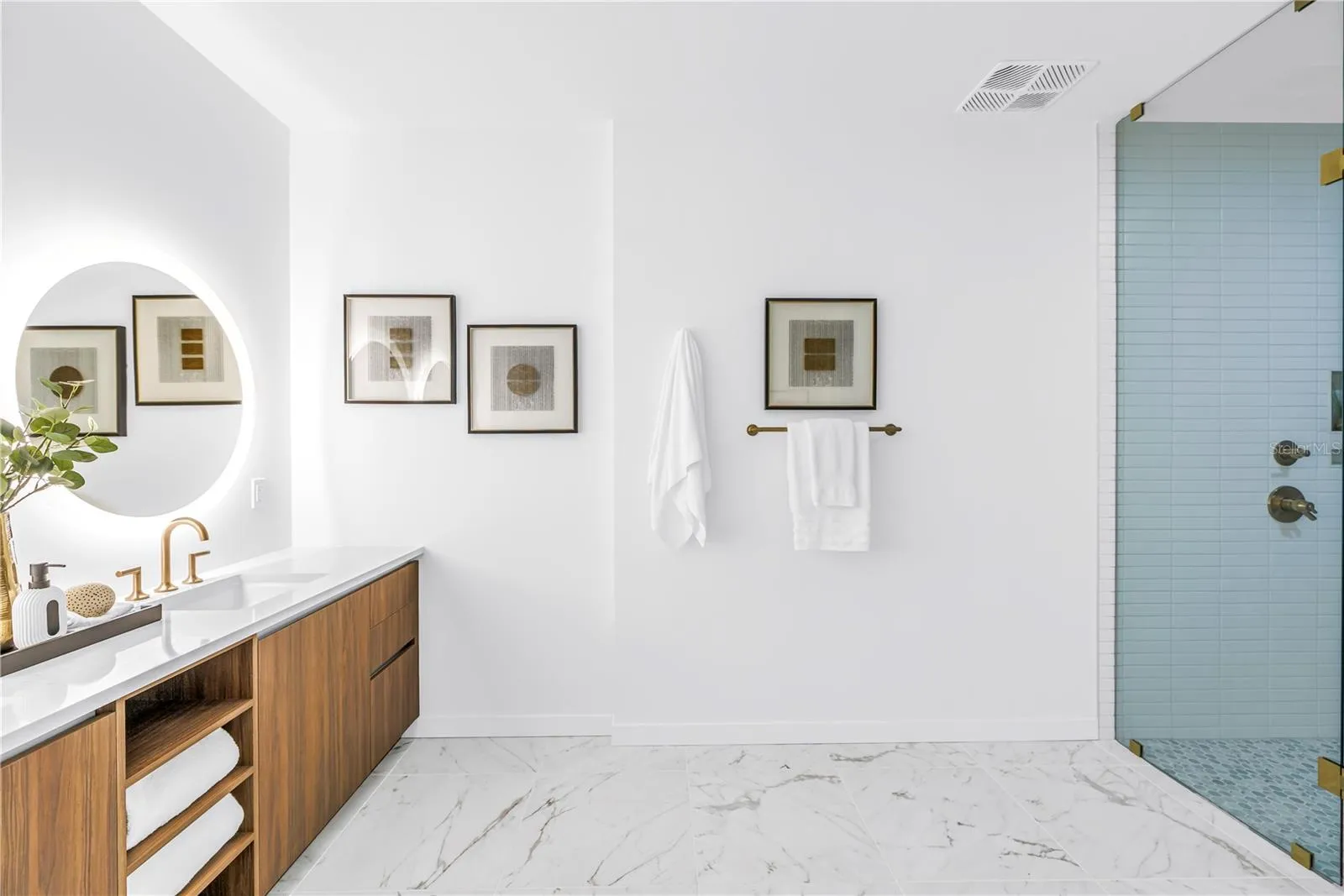 dual sink vanity , spacious walk in shower, plus separate water closet