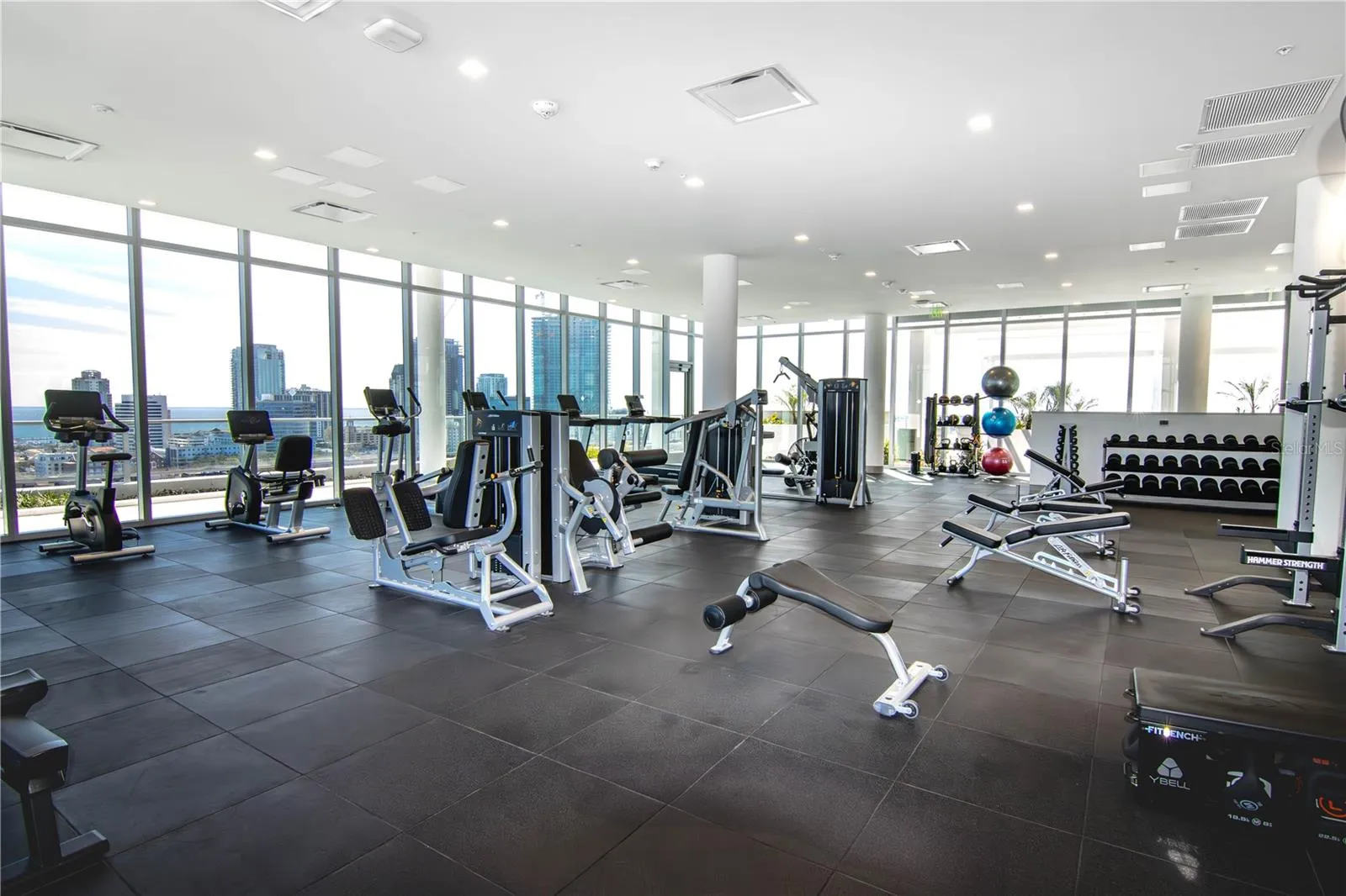 nice size fitness room with views of the city all the way to Tampa Bay