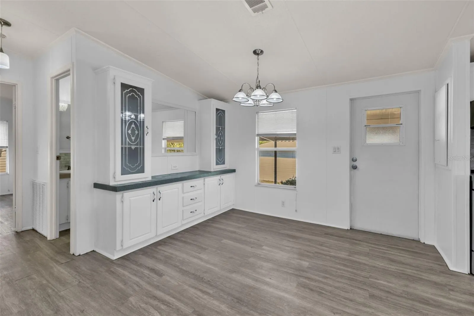 Dining room with built in shelving.