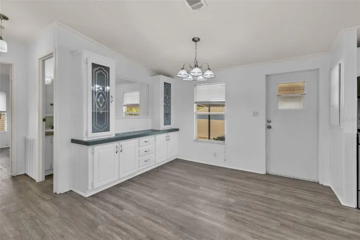 Dining room with built in shelving.