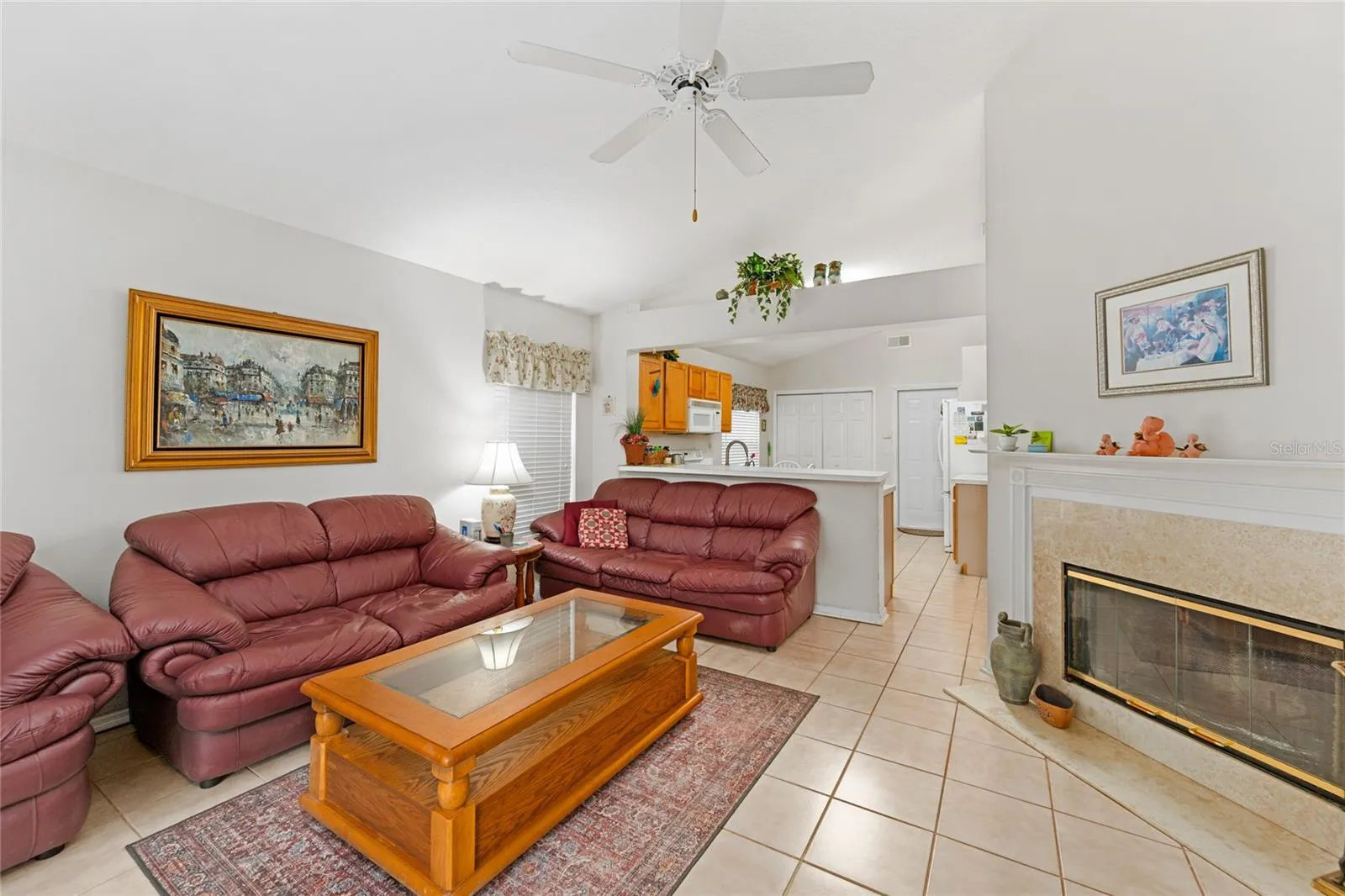 Family room with fireplace view