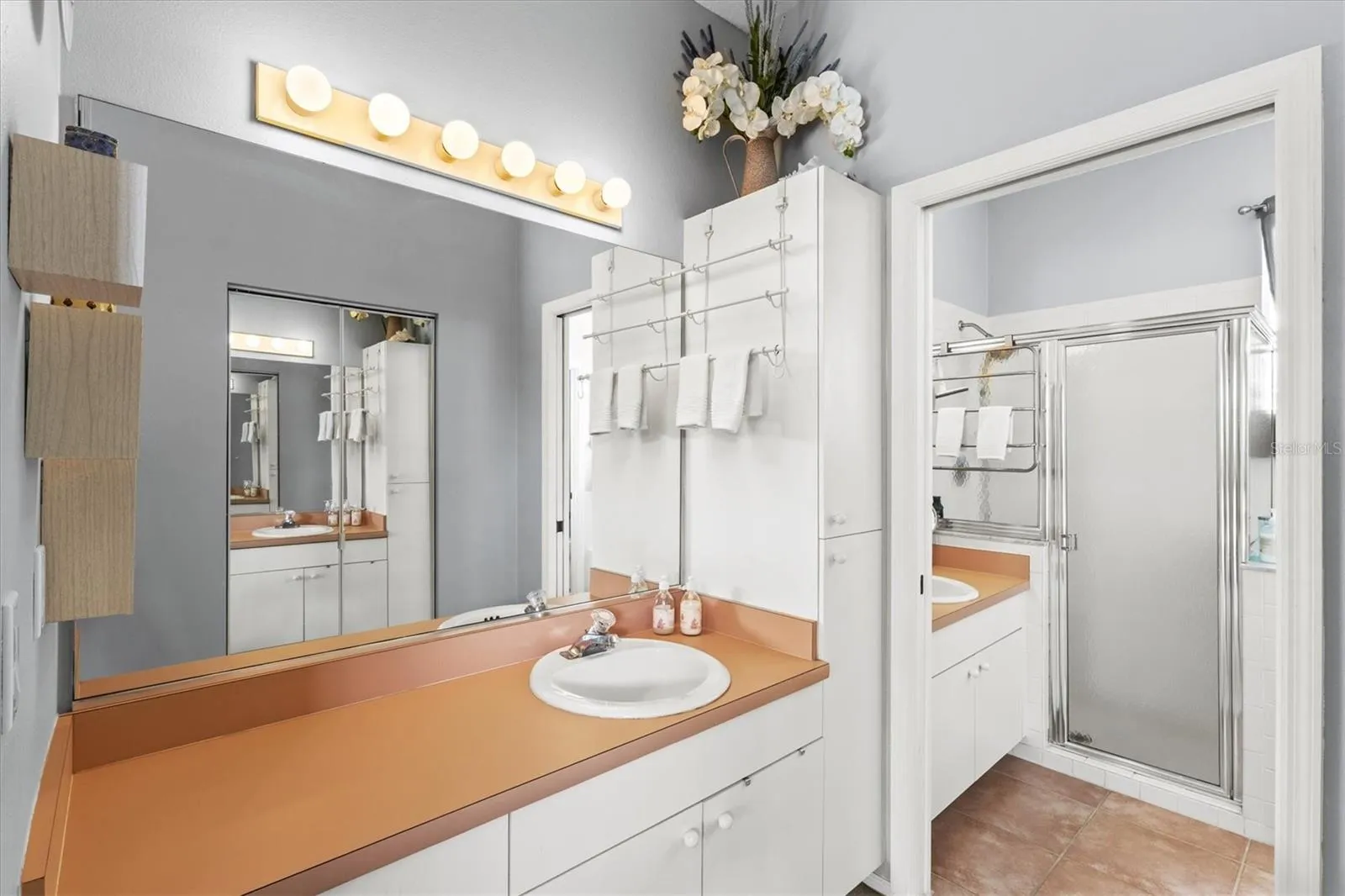 ensuite with two sinks and a walk-in closet.