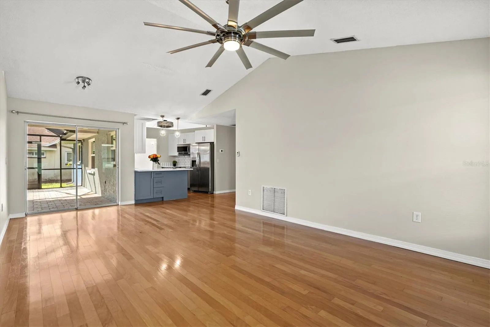 Family room with vaulted ceiling