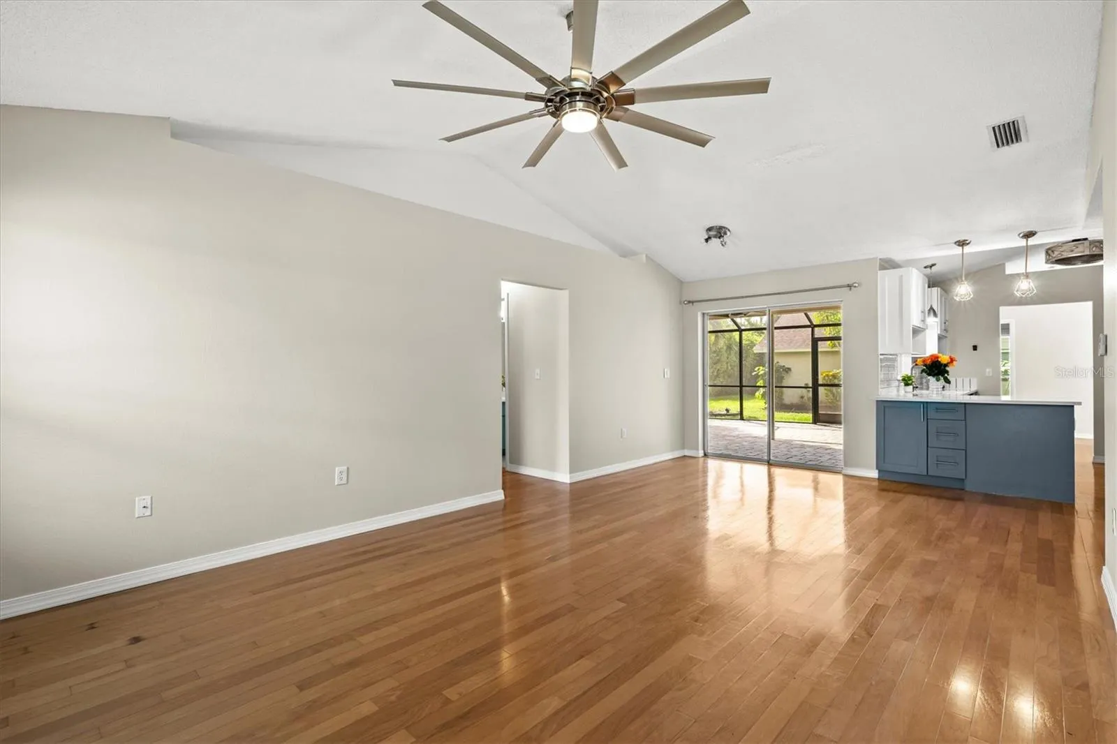 Family room with vaulted ceiling