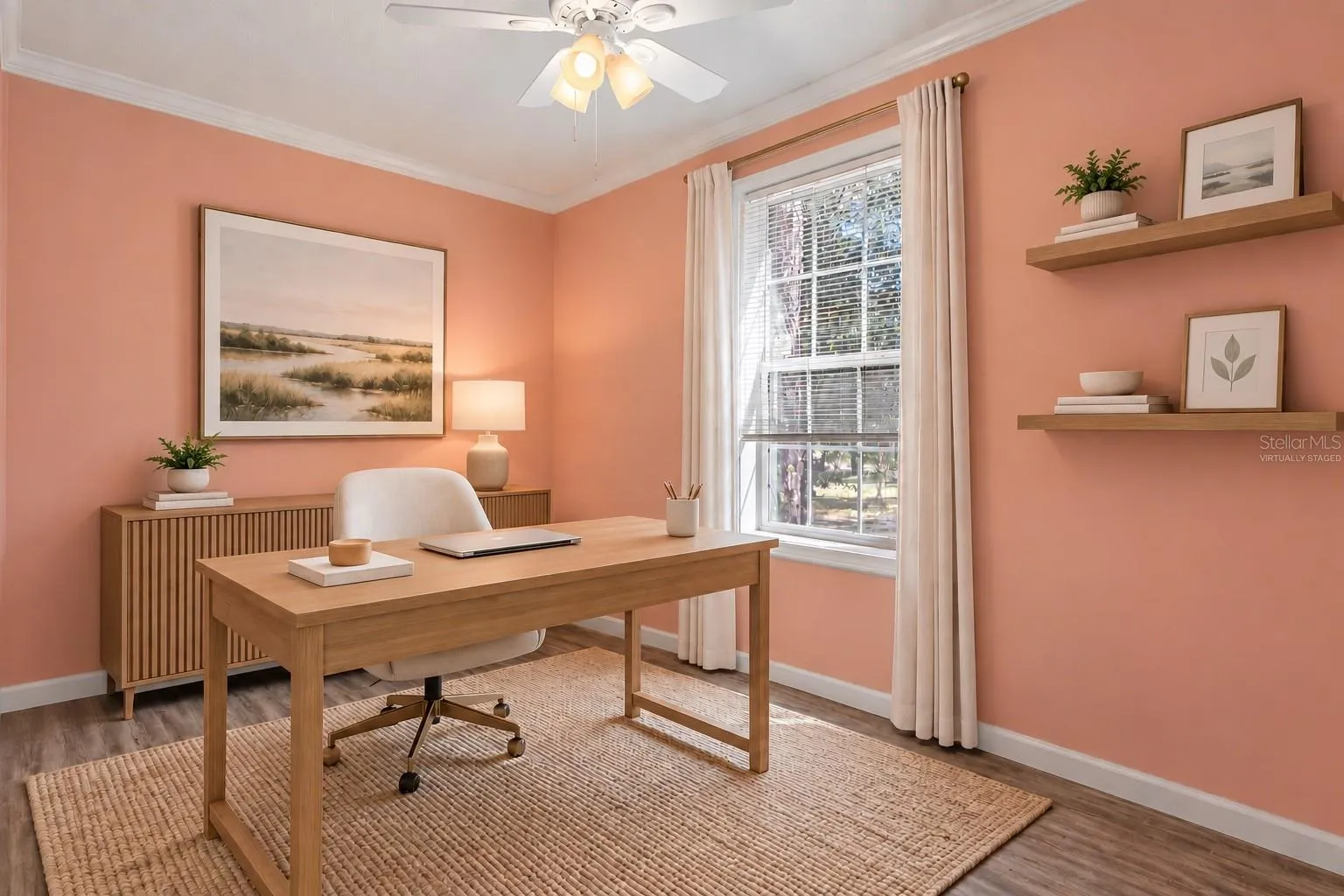 Virtually staged dedicated office/ flex room. Furnishings and decor are digital and not included.