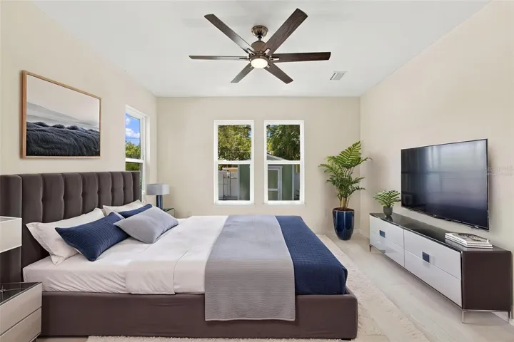 Virtually staged primary bedroom