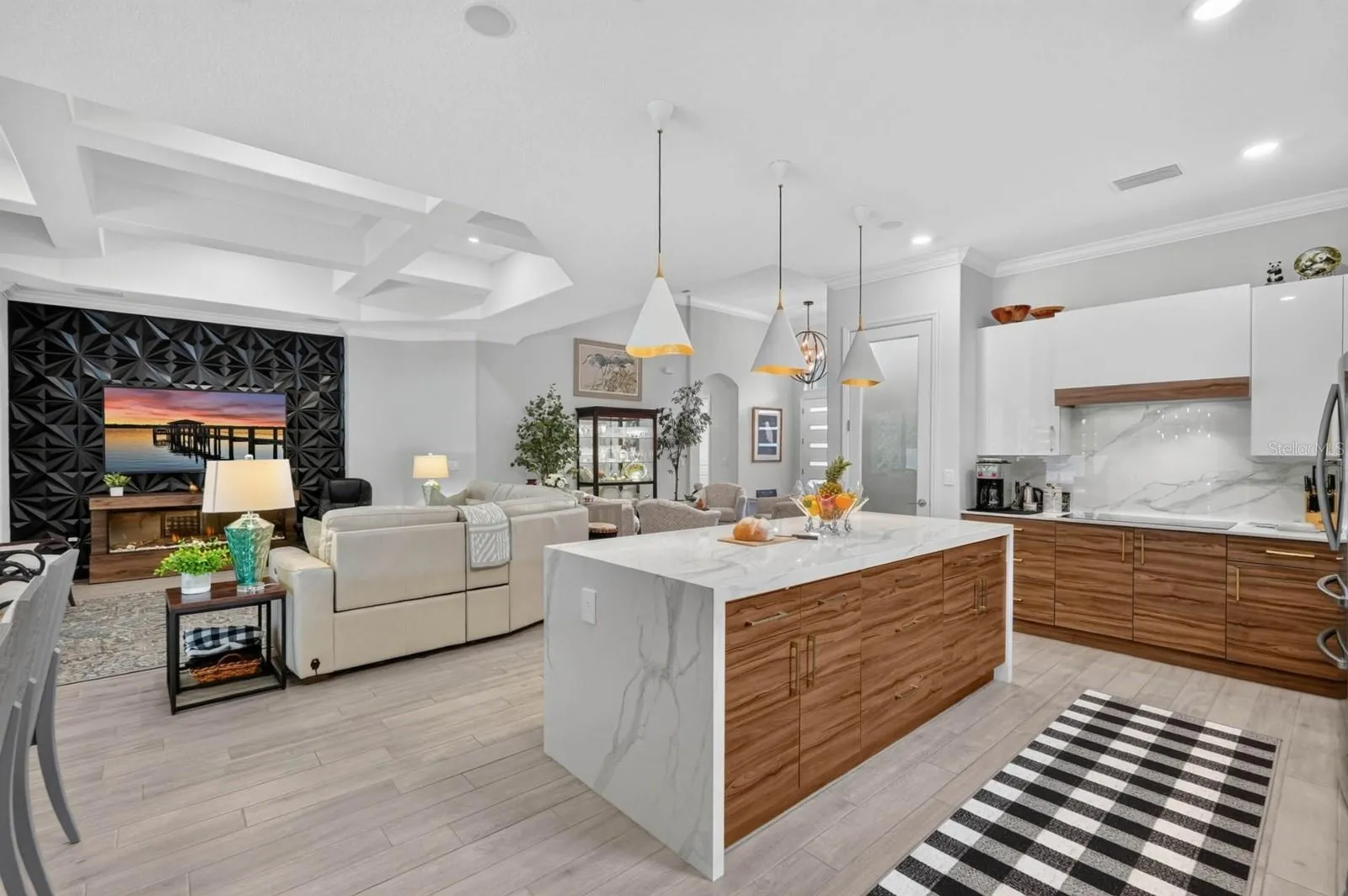 waterfall porcelain countertop on large kitchen island