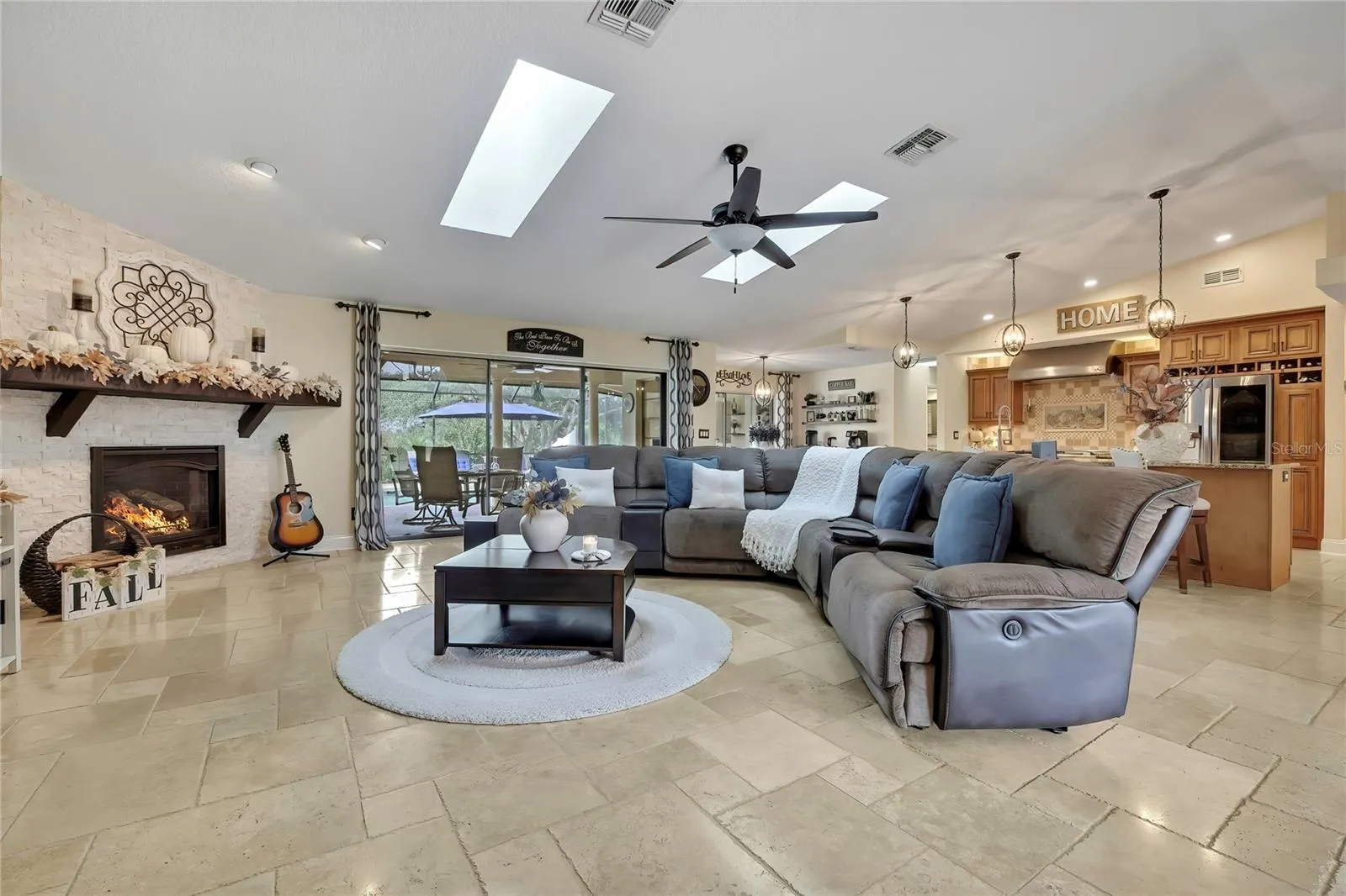 Huge Great Room, Travertine flooring throughout main living area