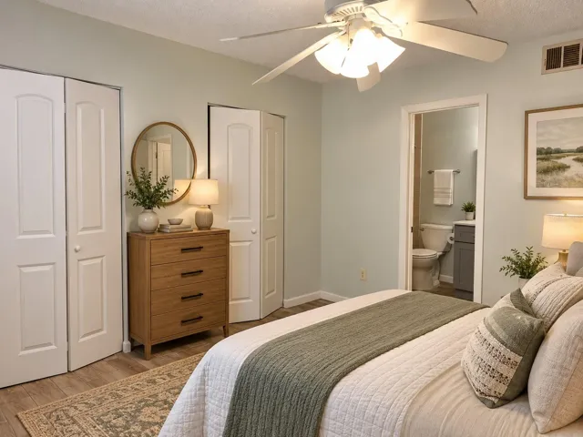 Master bedroom with view into the master bath, Virtually enhanced.