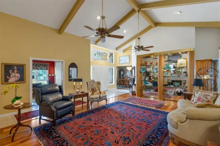 Volume ceiling adds to the spacious feel of this 20' x 18' room.