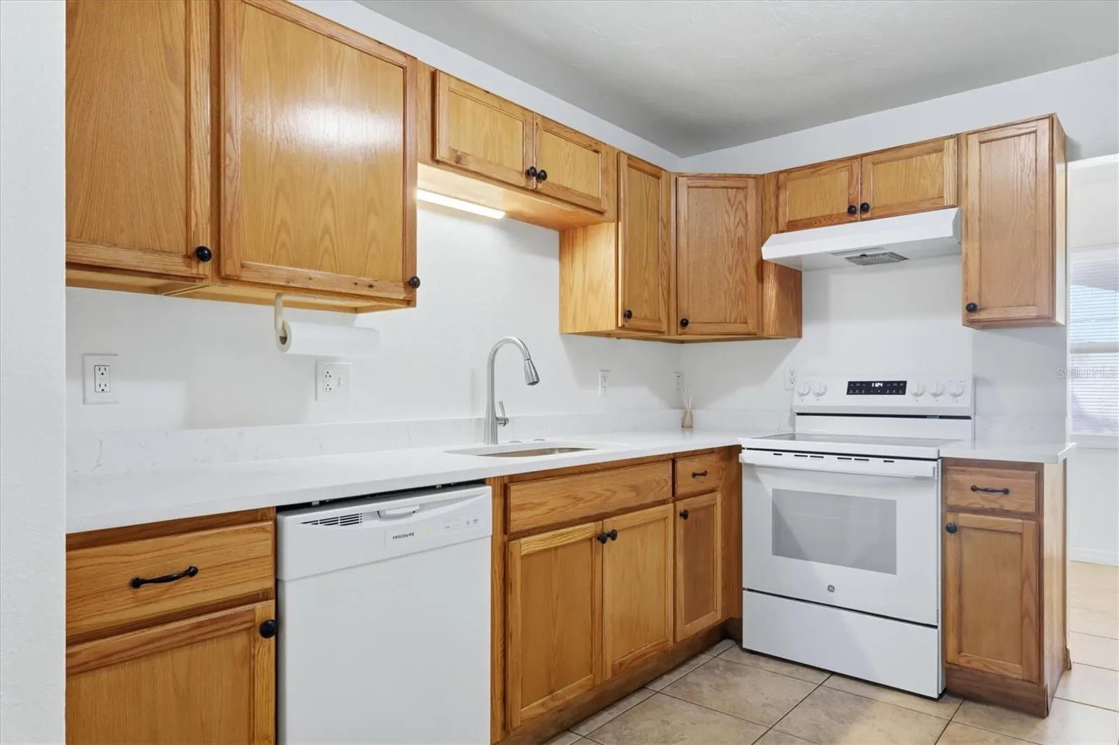 Wood cabinets.