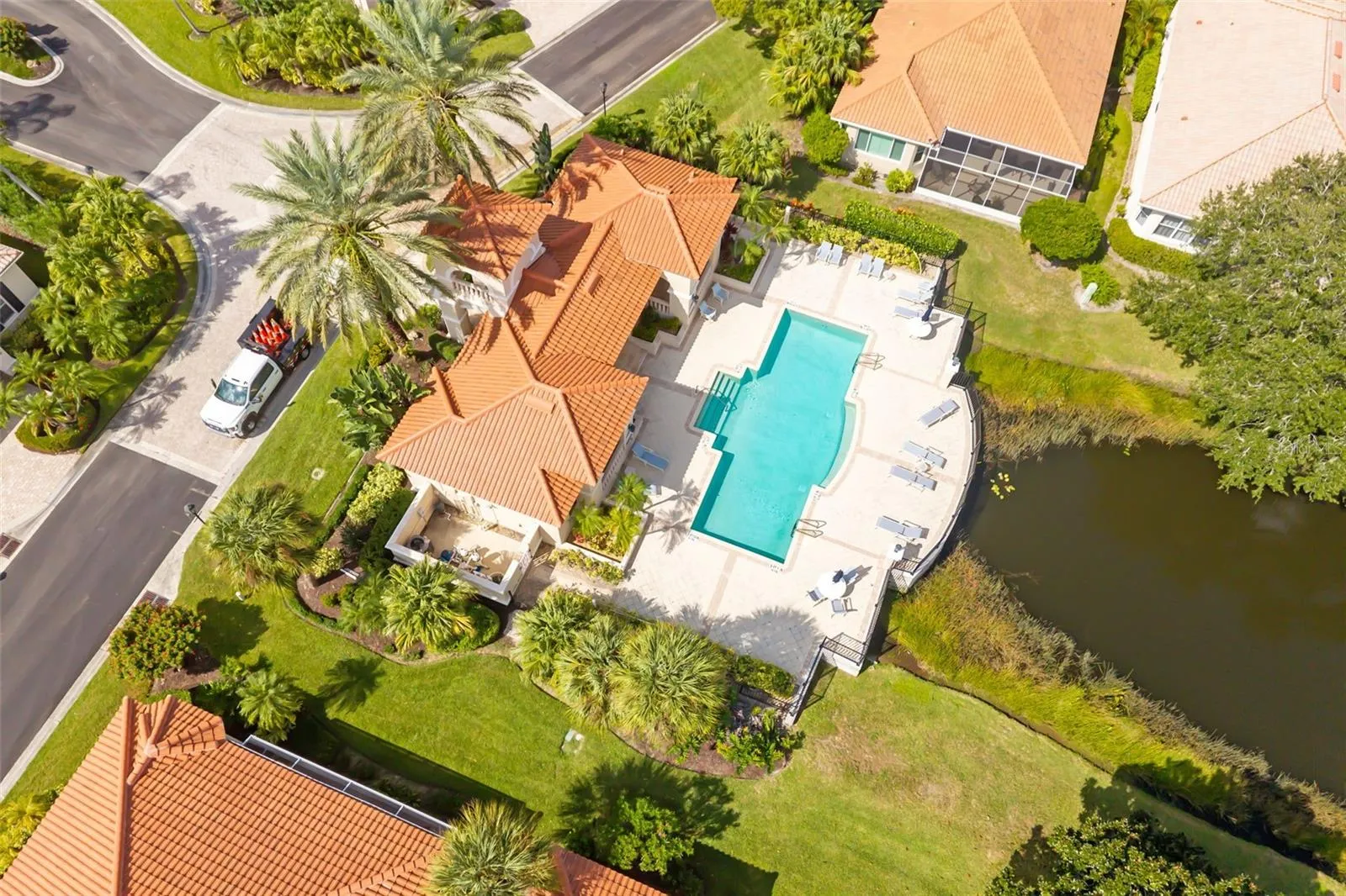 Overhead View of Community Pool with views of Crane Lake and Fountain.