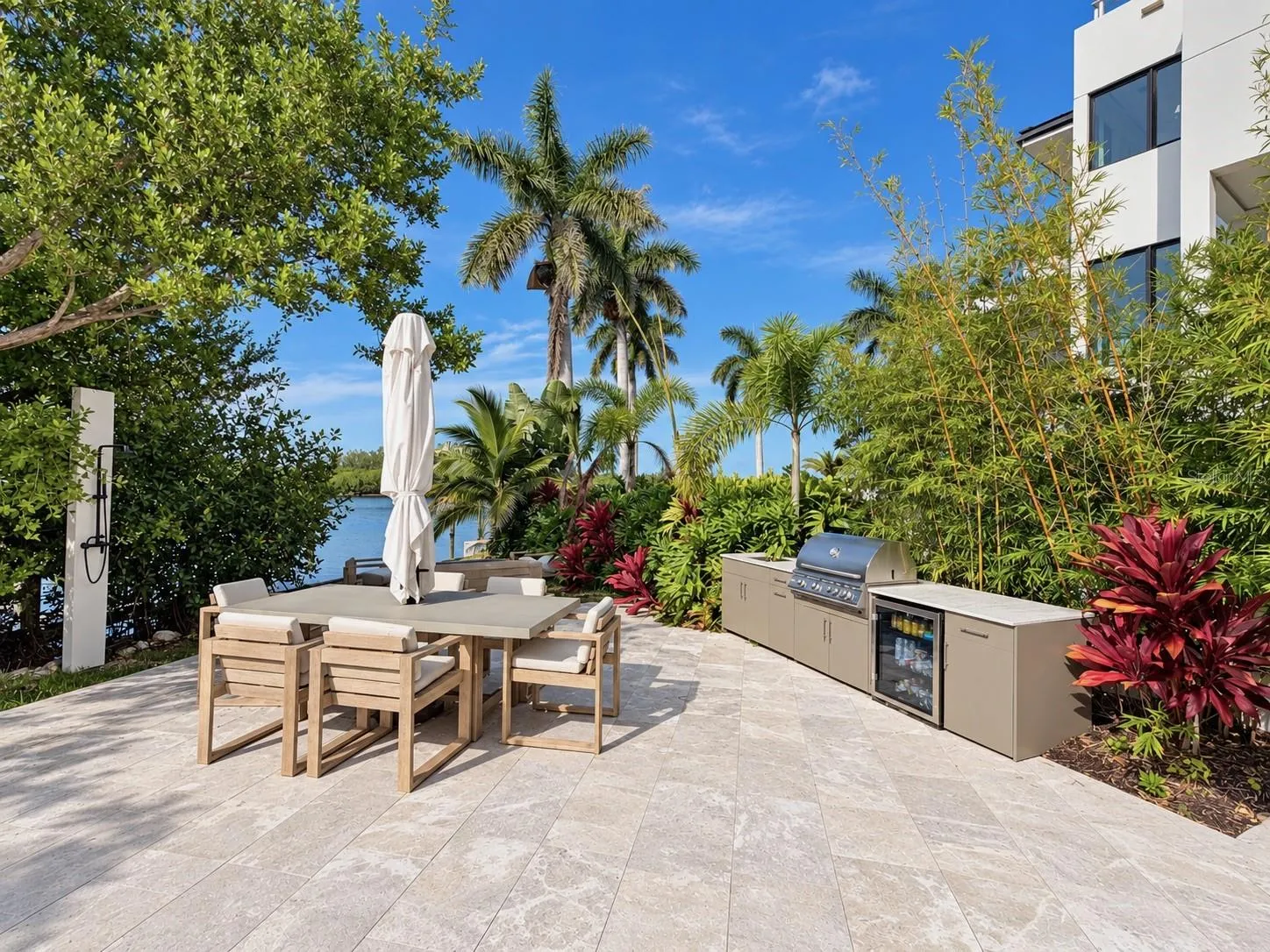 Outdoor grill, beverage center &amp; shower