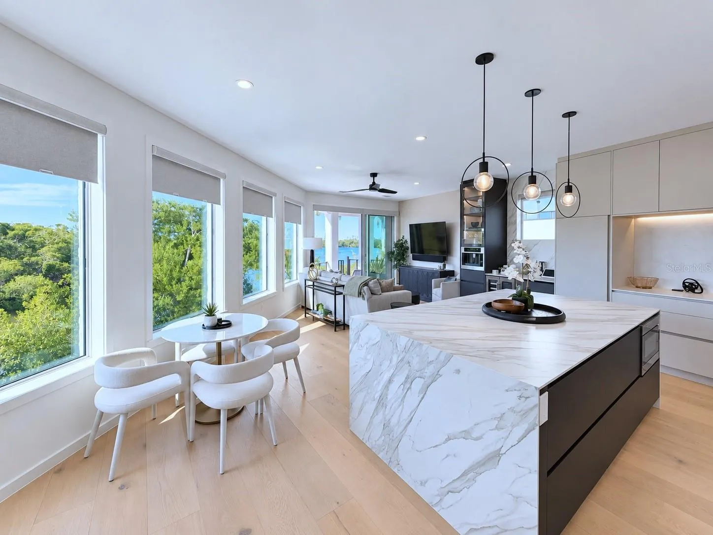 Main living room area and kitchen