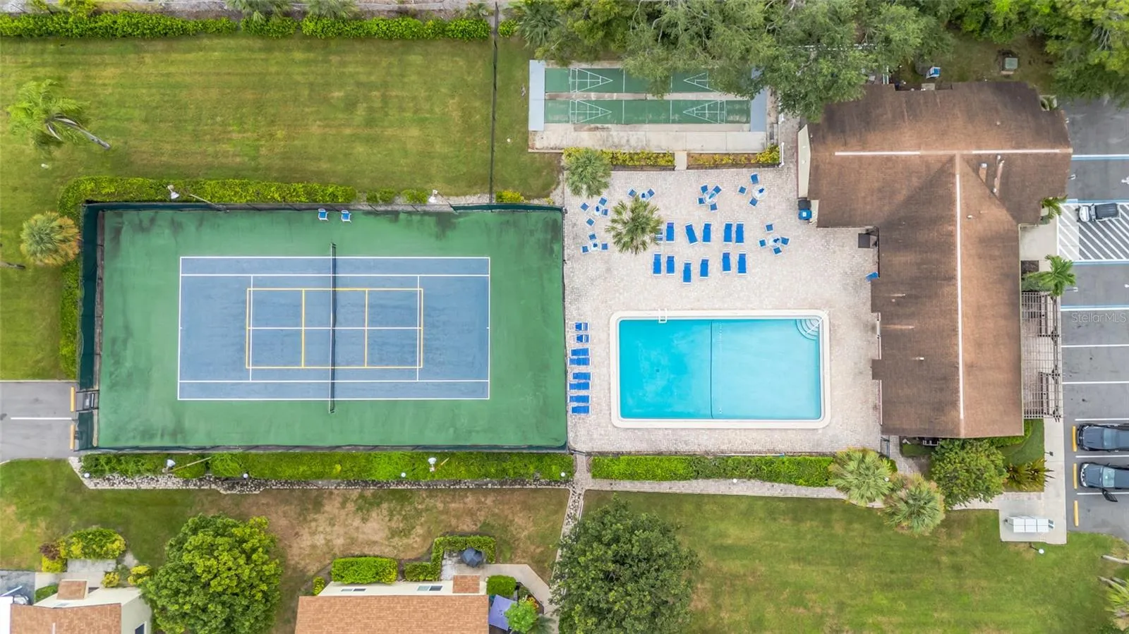 501 E Bay Dr 702, aerial view of Magnolia Park pool and tennis courts