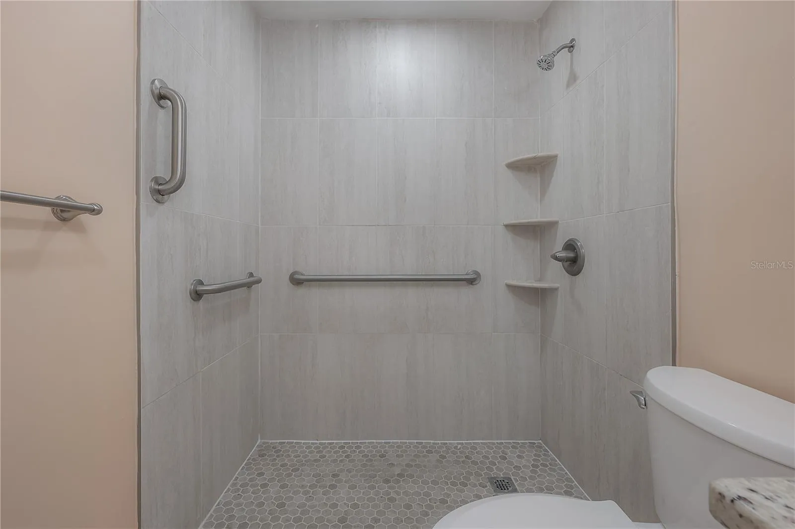 Walk in shower with grab bars
