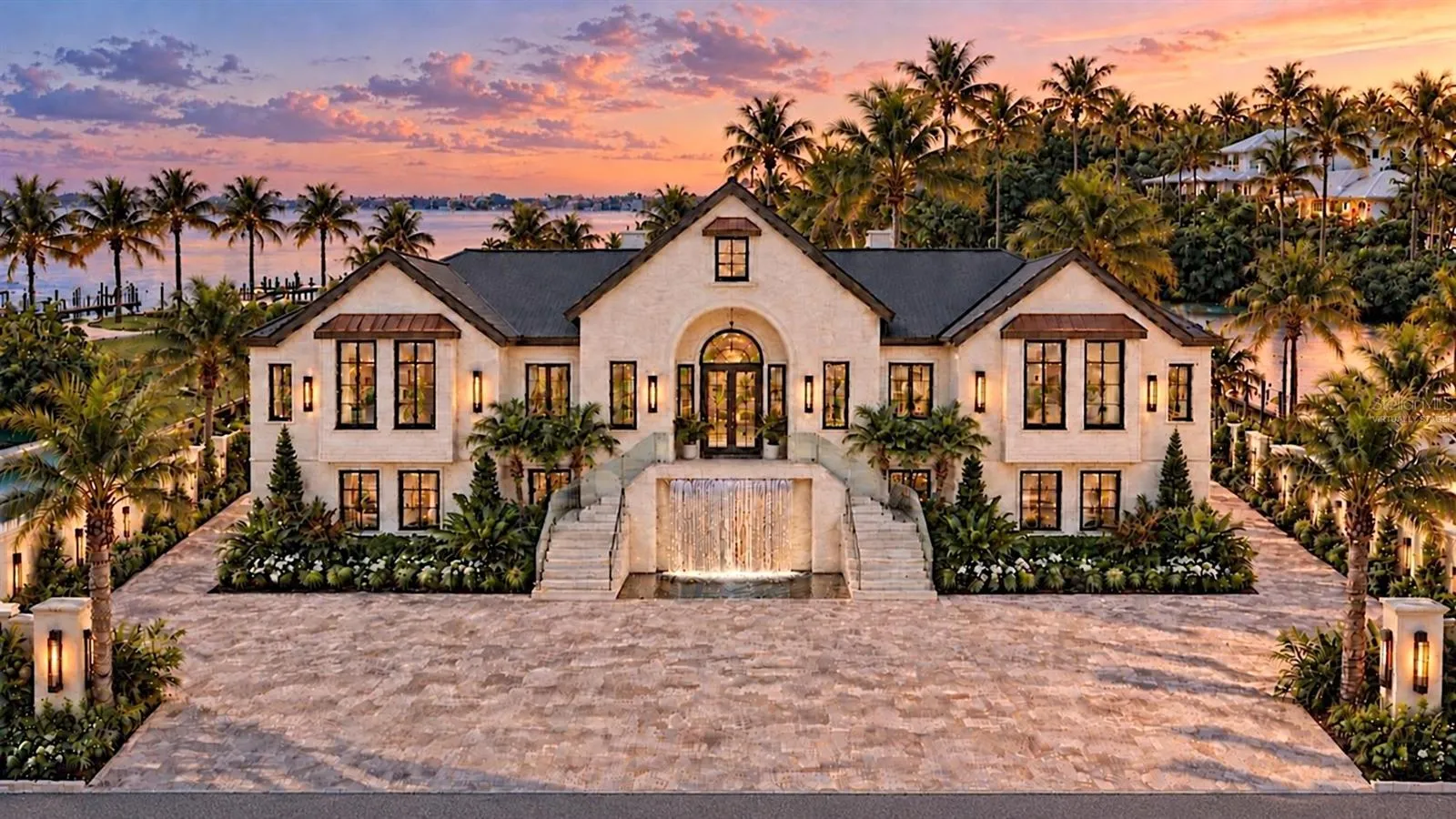 Grand waterfall entrance. Virtually staged.