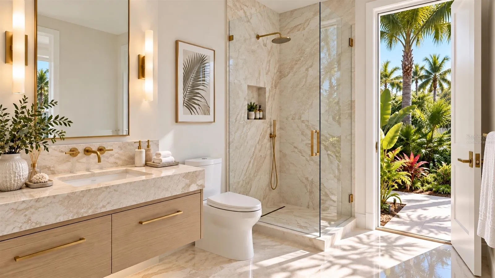 Pool access bathroom. Virtually staged.