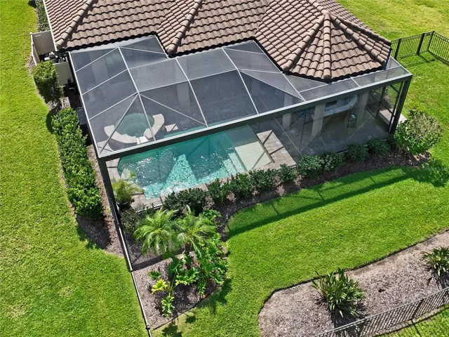 Drone view of backyard, Saltwater Pool &amp; Spa w/ screen enclosure