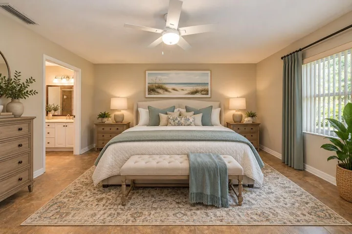 Primary bedroom staged
