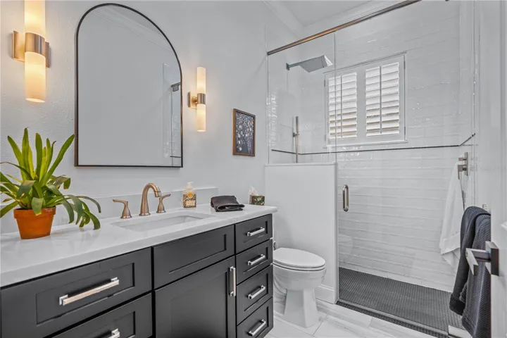 Renovated guest bathroom with walk-in/roll-in shower with no threshold for easy access