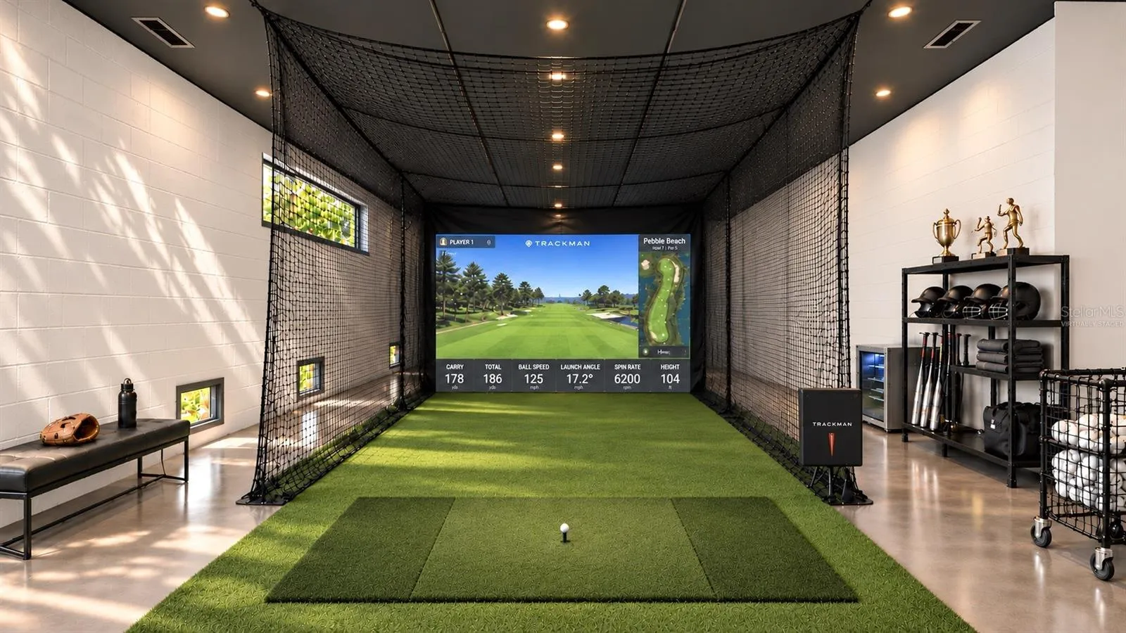 Sport simulator area on the ground floor. Virtually staged.