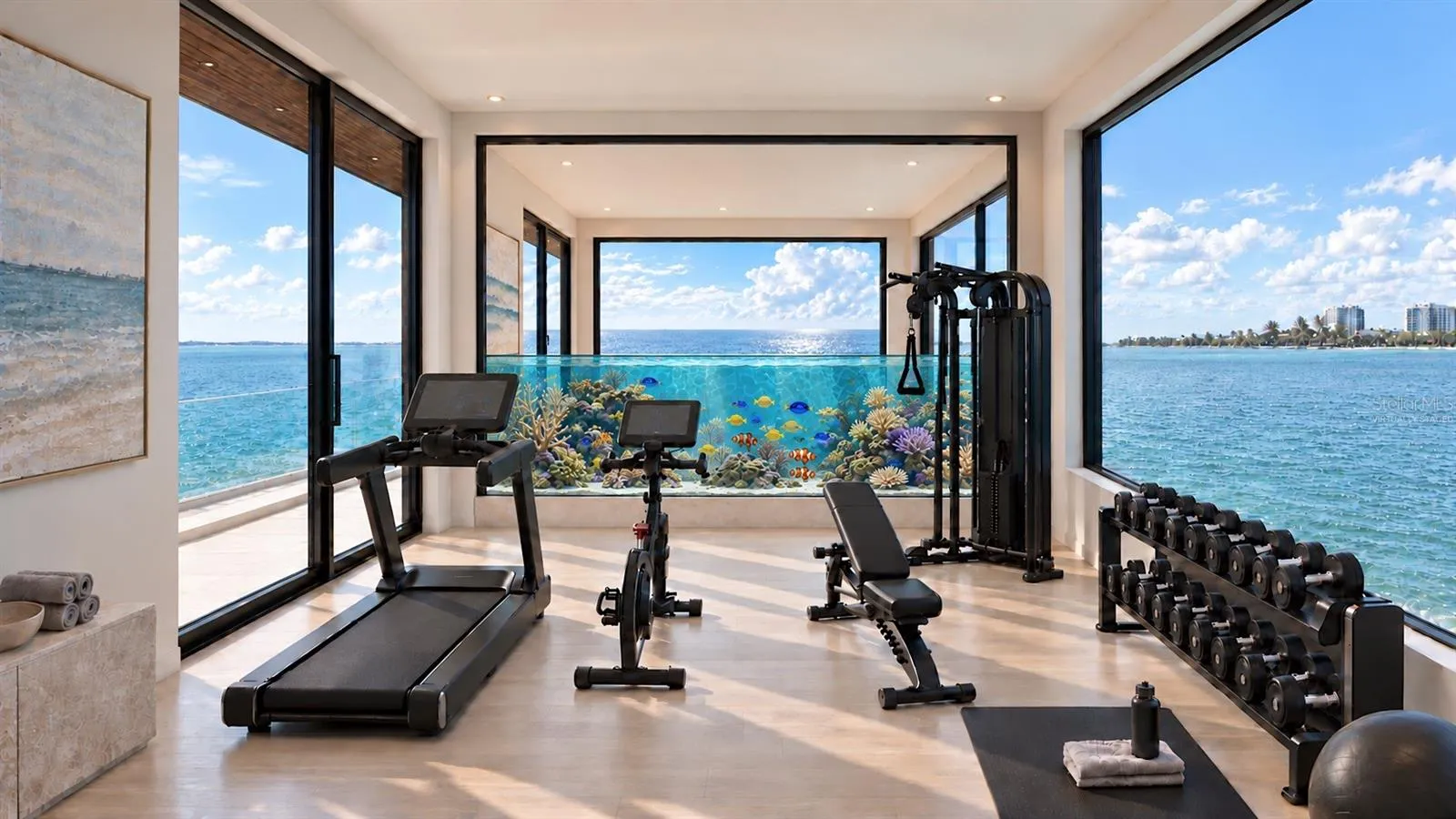 Fitness room, with aquarium. Virtually staged.