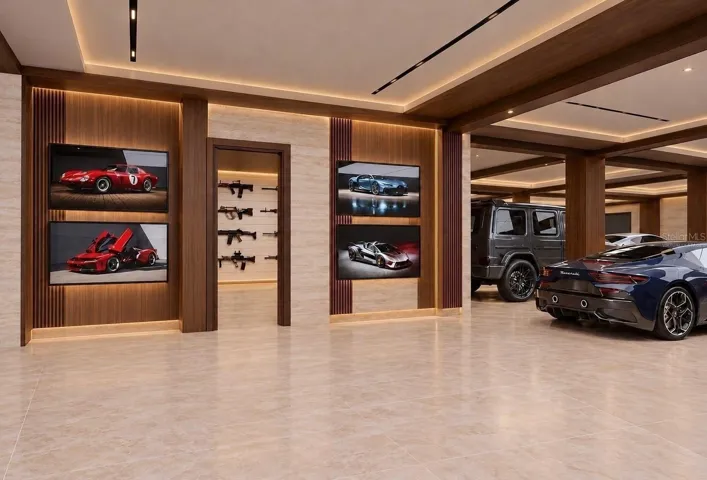 Garage with access to safe room. Virtually staged.