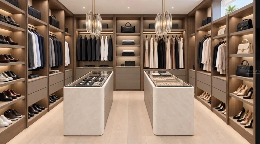 Primary closet. Virtually staged.