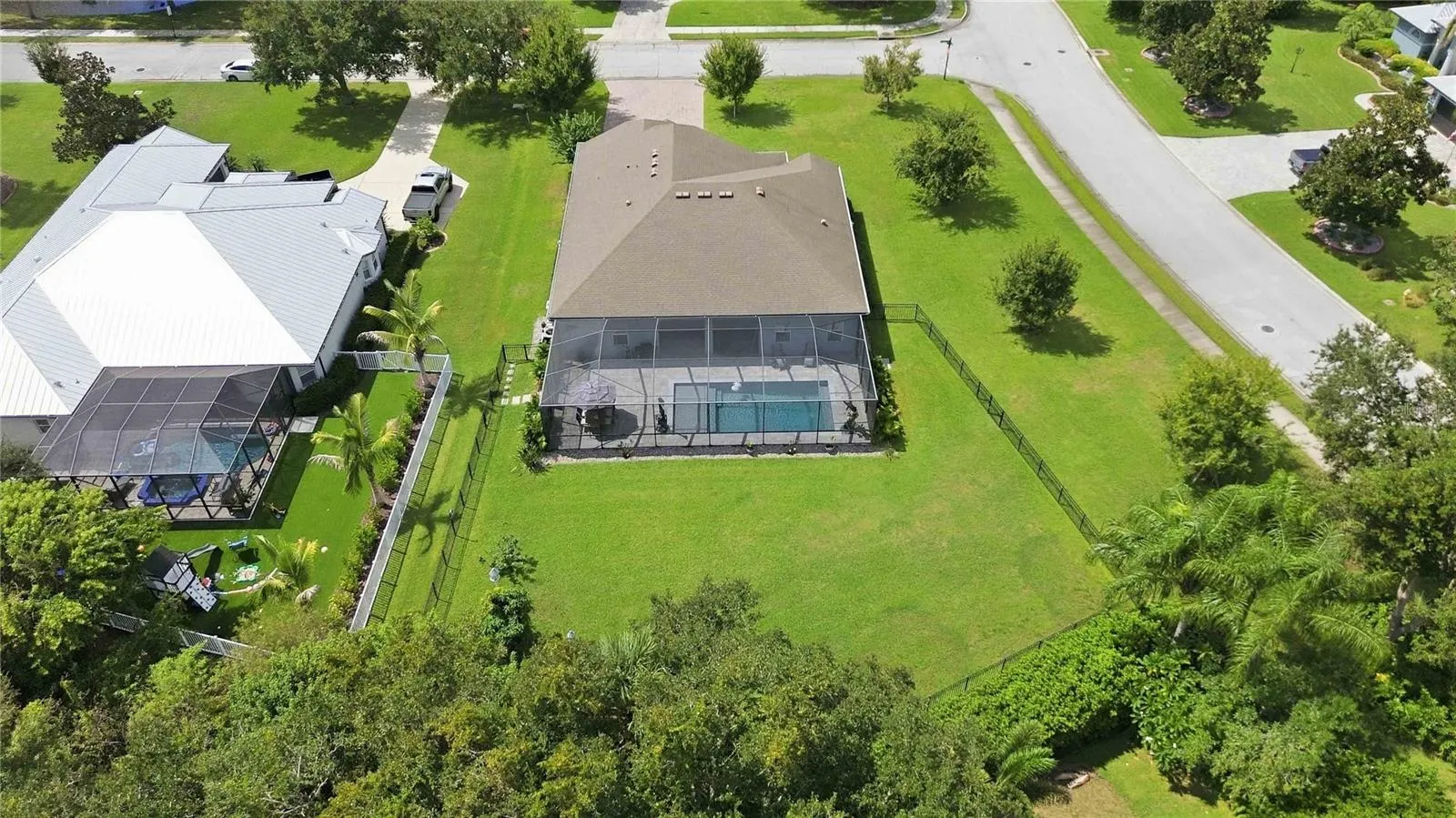 Elevated view of backyard and pool