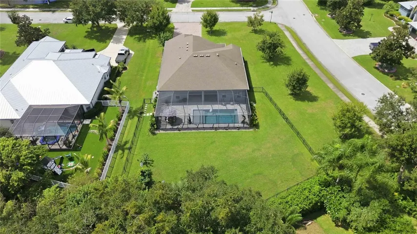 Elevated view of backyard and pool