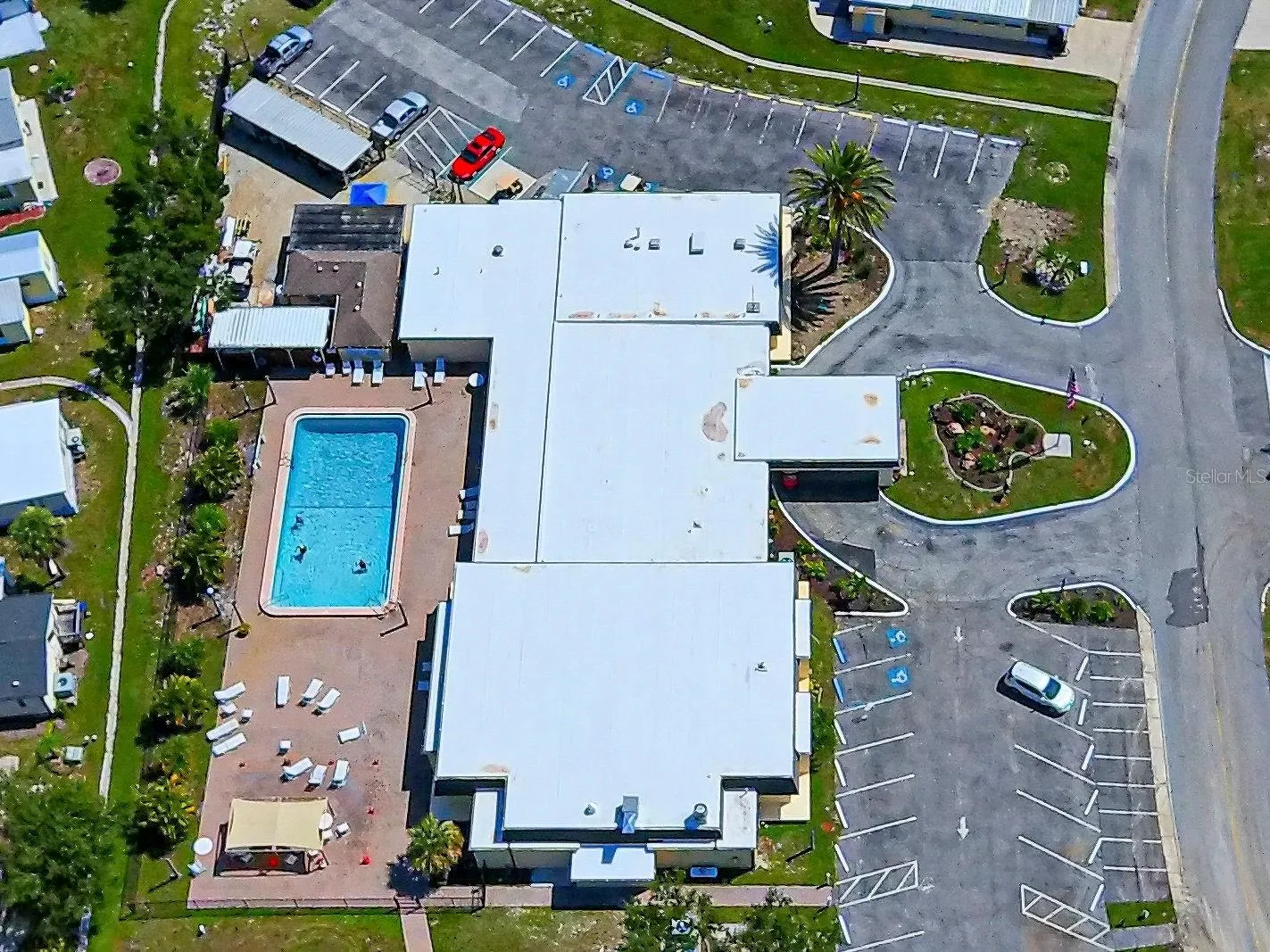 Aerial view of clubhouse/rec center and one of two pools available