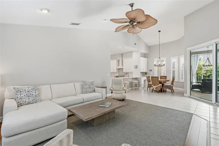 Fluid kitchen, dining and living room.