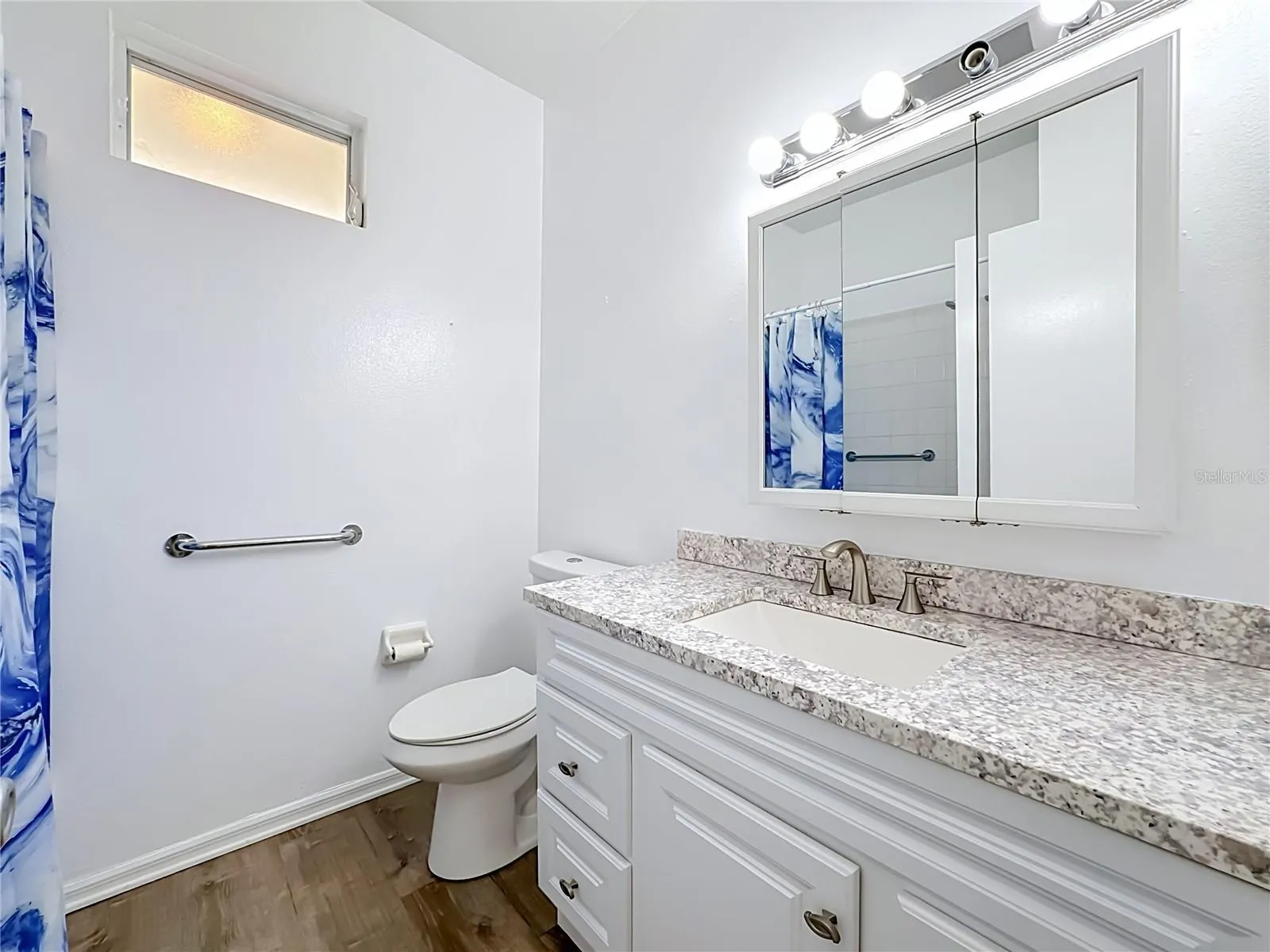 Guest bathroom with newer toilet grab bars by toilet and in tub/shower.