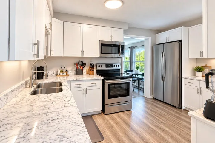 Updated kitchen with white shaker-style cabinetry and granite countertops.