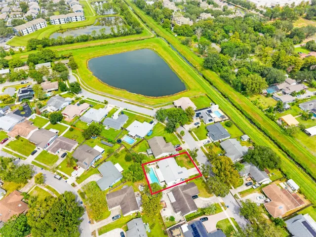Aerial view of the neighborhood and retention pond