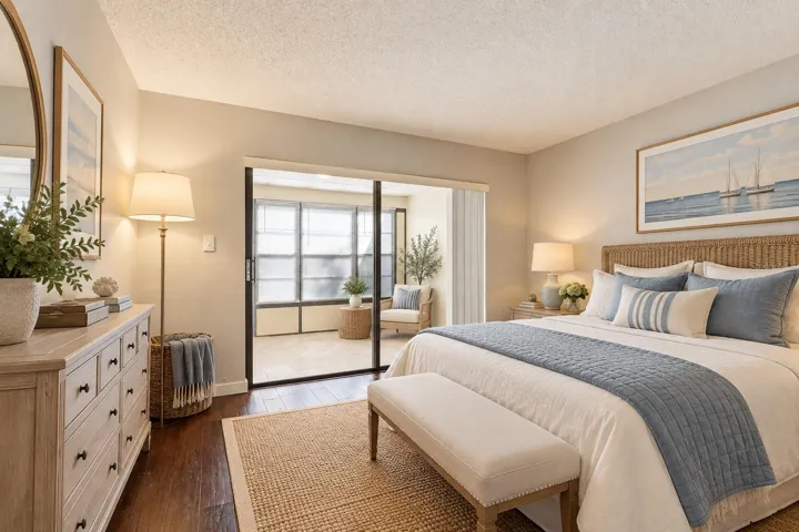 Virtual staged - Downstairs bedroom with access to enclosed patio/flex space - great for an office!