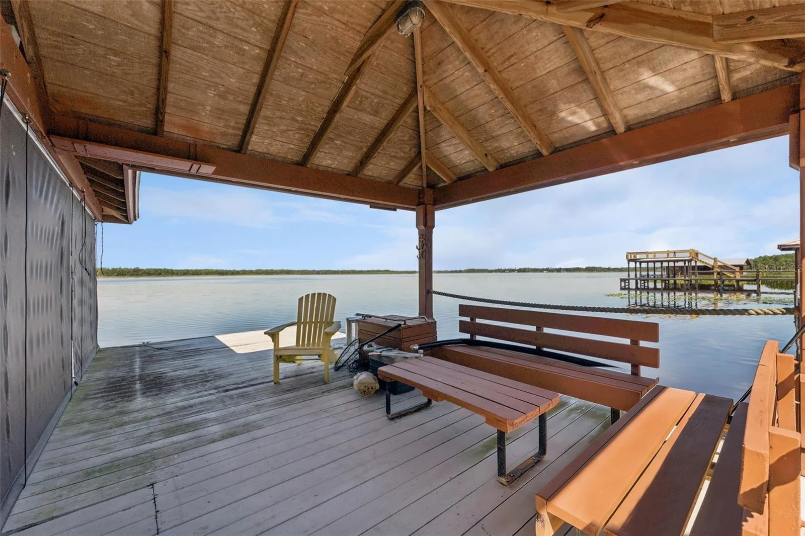 Covered seating on the dock.