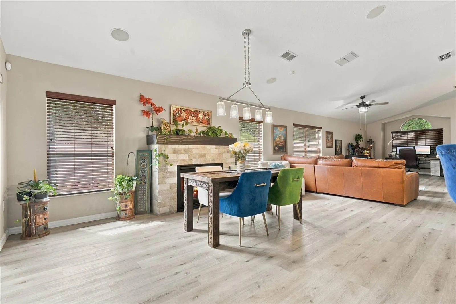 Dining and main living area. The soaring ceilings provide a spacious feel.