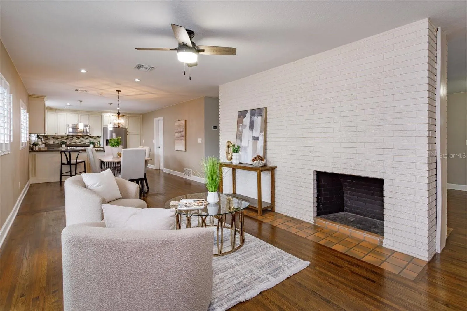 Family room with double-sided fireplace