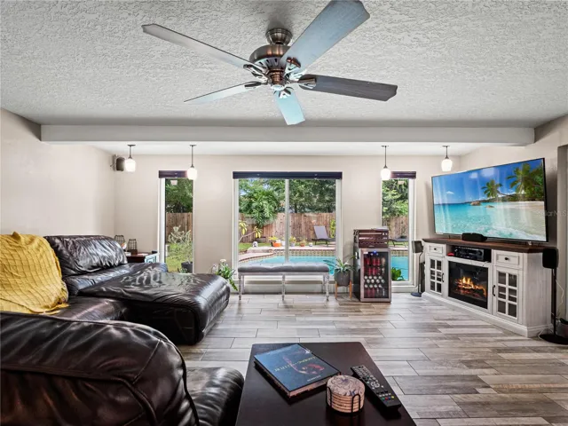 Spacious living room with views to outdoors.