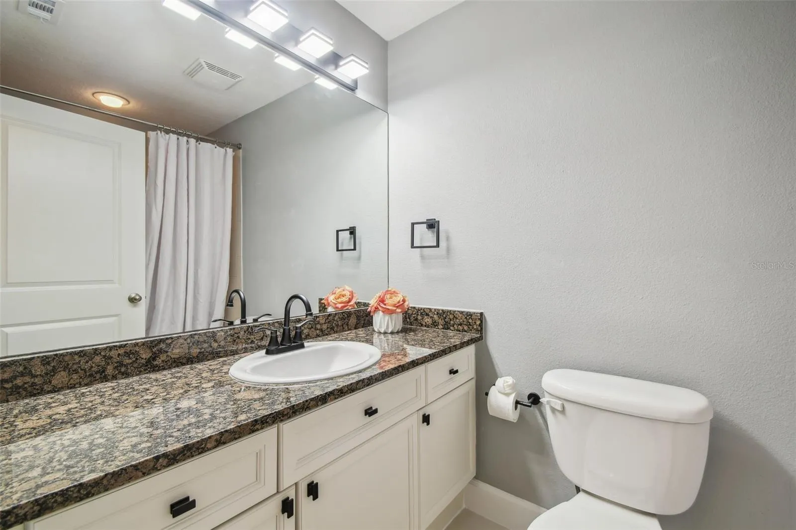 Guest bathroom with stone countertops and tub/shower combo.