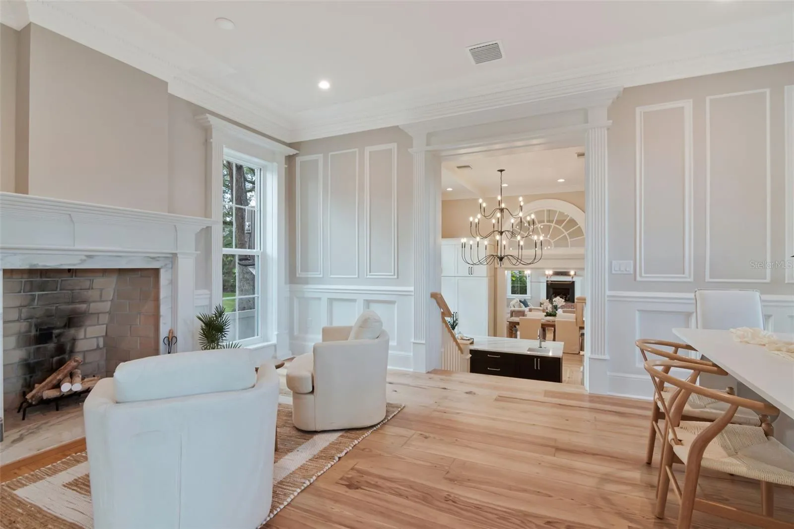 wood burning fireplace in breakfast room
