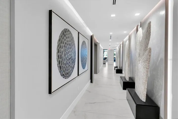 Sophisticated lobby lounge with contemporary art.