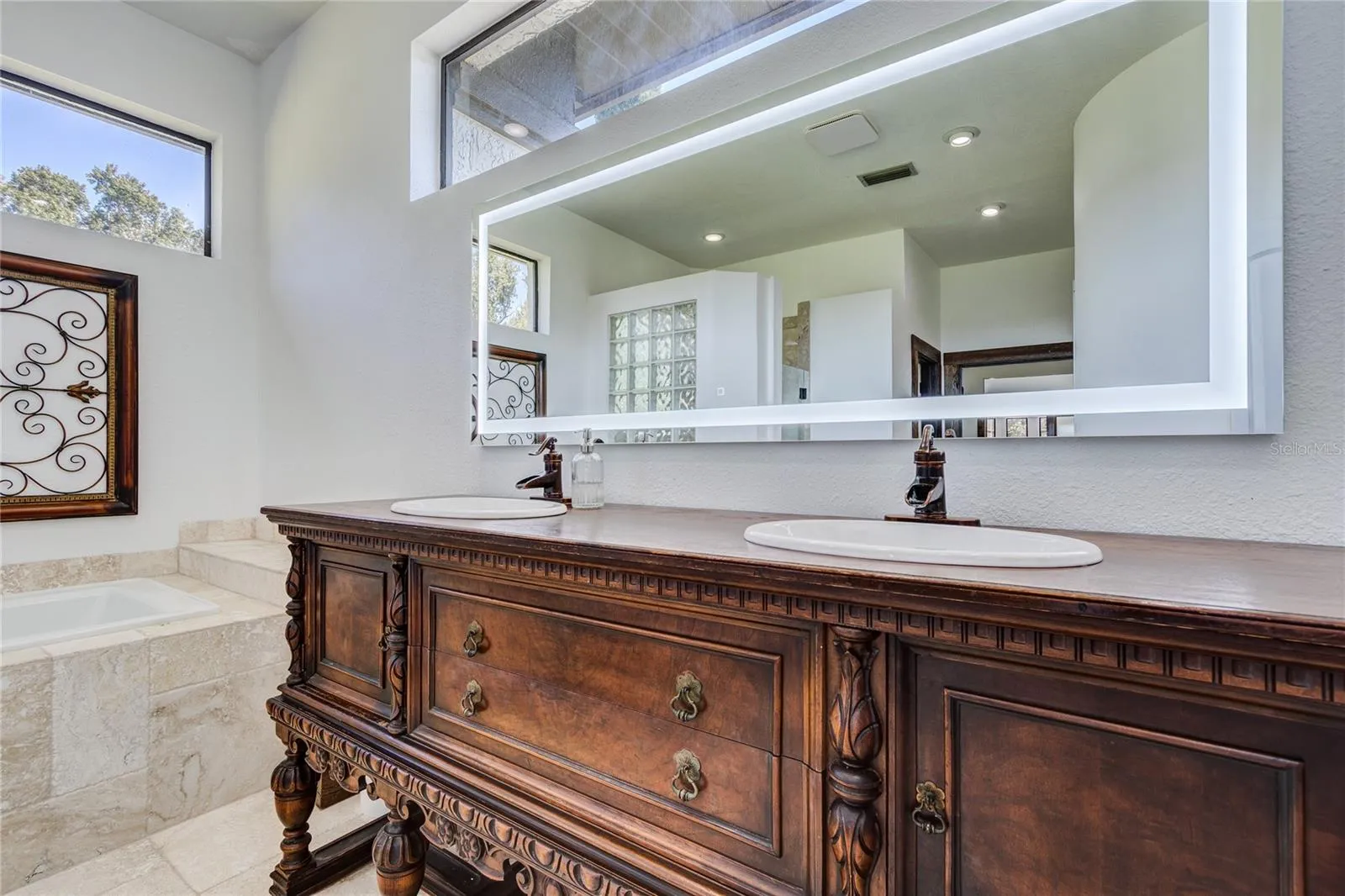 LED Mirror over antique wood vanity!