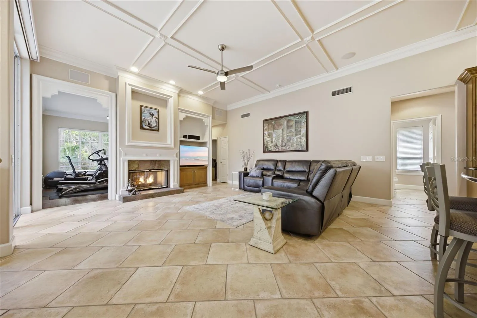 Family room with wood burning fireplace