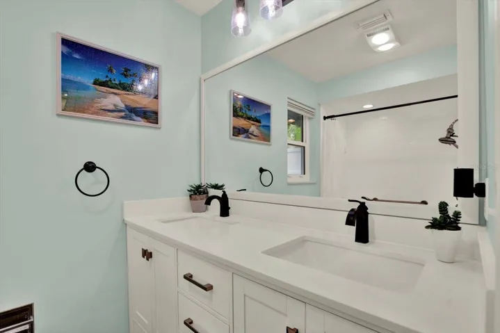 Primary bathroom with dual sink vanity