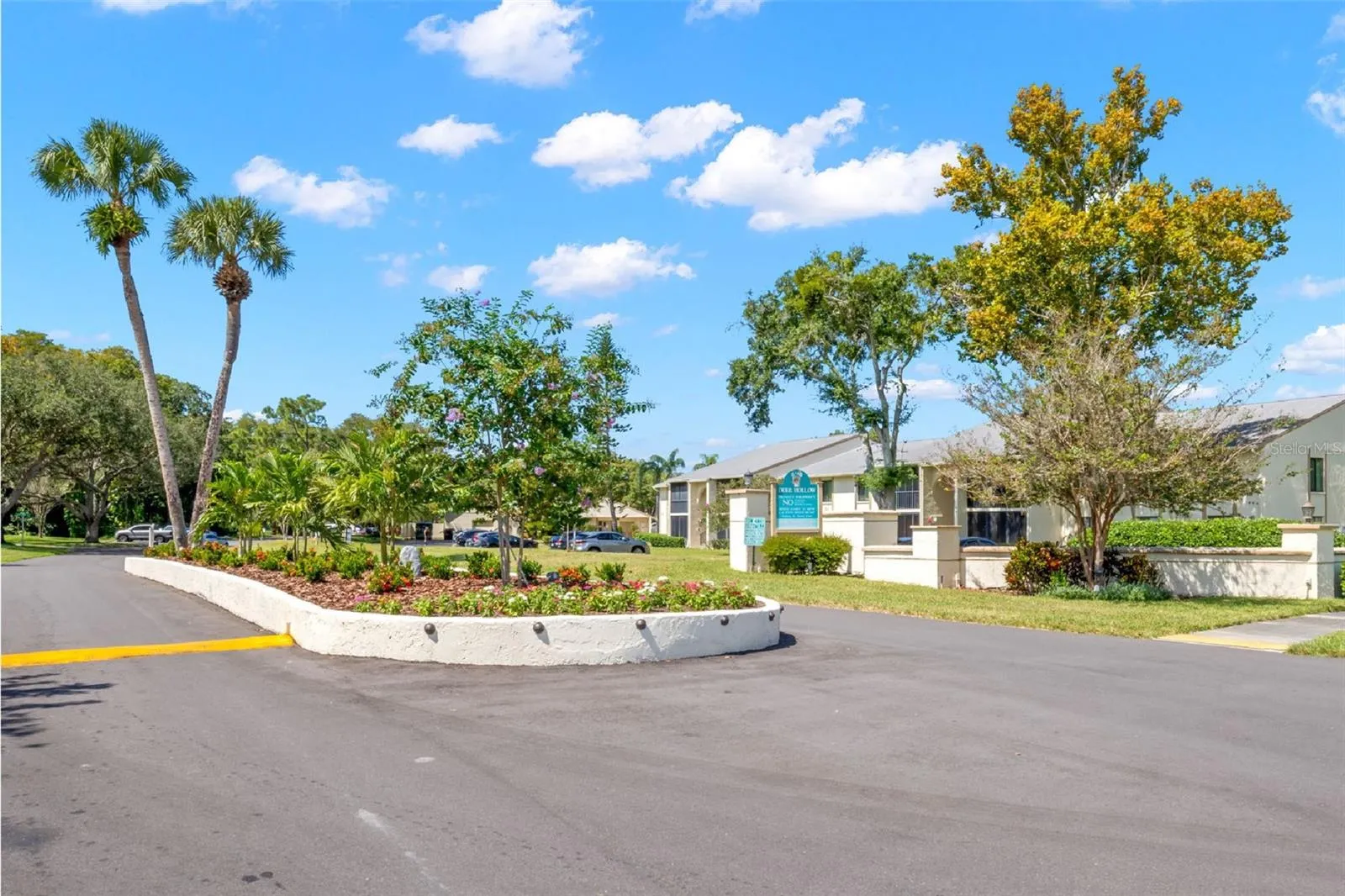 The landscaped entrance to Pine Ridge at Lake Tarpon features a flowering median, mature palms and trees, and a well-kept approach into the community.